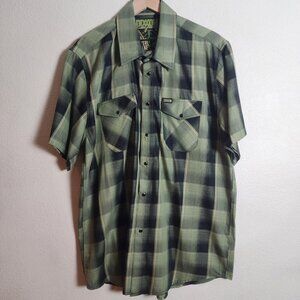 Dixxon Shirt Mens XL Green Plaid Short Sleeve Snap Western Full Metal Jacket